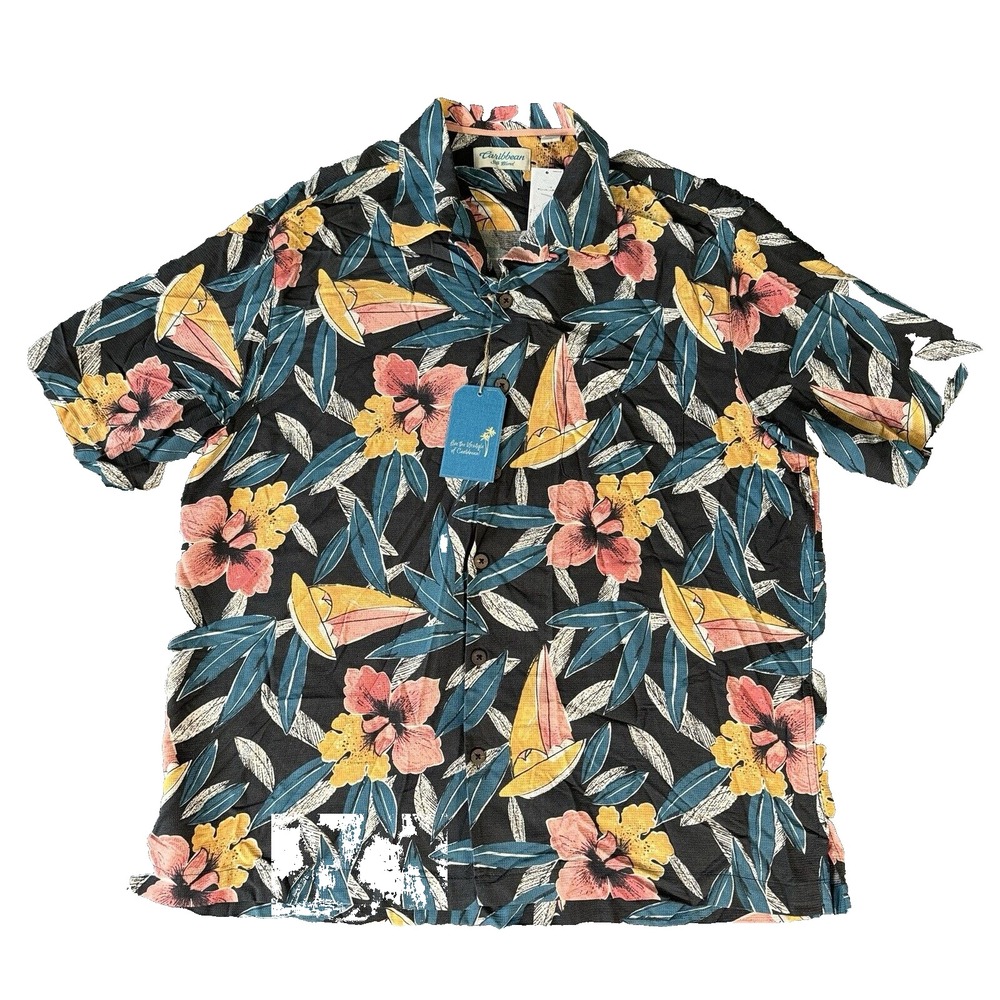 Roundtree Yorke Shirt Mens Large Hawaiian Loop Collar Camp Silk Blend Floral